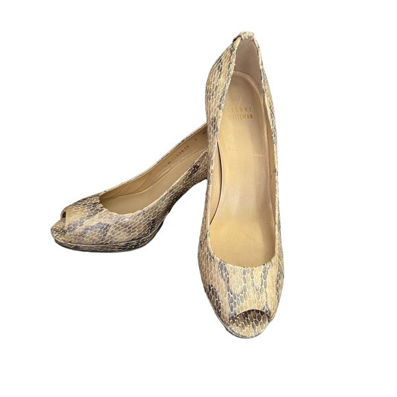 Stuart Weitzman Logo Plainfield Leather Snakeskin Peep-Toe Pump 9 Medium - Picture 15 of 16